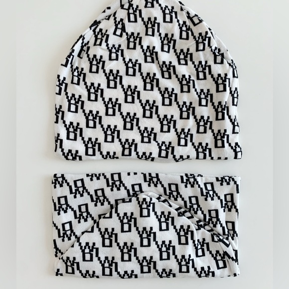 MONOGRAM KNIT BEANIE AND INFINITY NECK WARMER - WHITE BLACK PRINT 2 PIECE - Picture 6 of 6